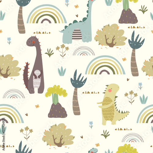 Seamless pattern with dino , volcano, flowers, trees and rainbows. Cute vector illustration for kids.