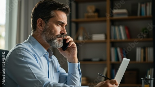 Middle aged Hispanic man in business attire talks on phone at desk with laptop and notepad in modern home office, remote work