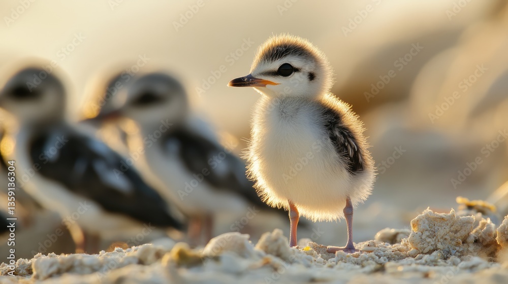 Obraz premium Baby Black Skimmer Chick with Adult Birds on Sandy Beach in Bird Colony