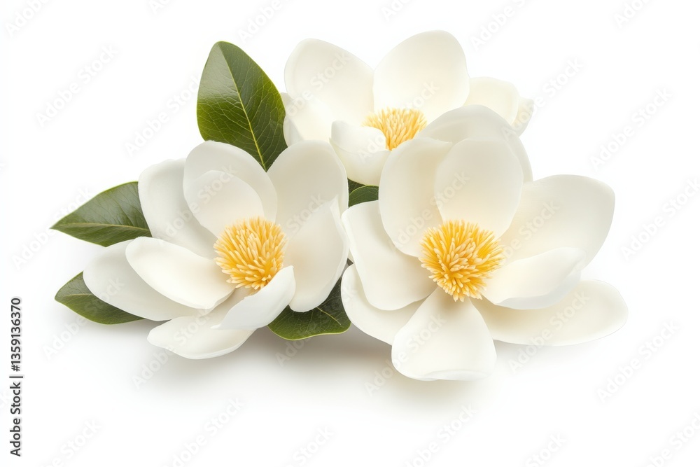 White magnolia flowers with leaves White magnolia flowers with leaves