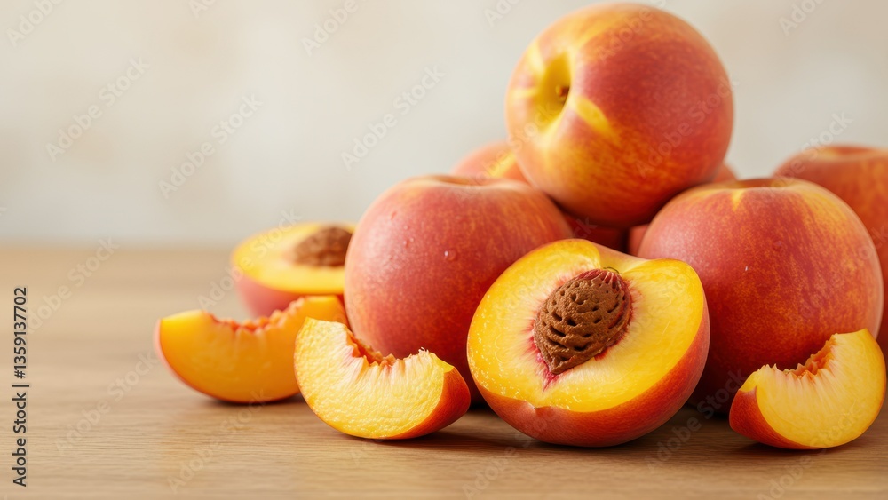 Fresh peaches and slices on wooden table, highlighting summer harvest and healthy eating concepts Fresh peaches and slices on wooden table, highlighting summer harvest and healthy eating concepts