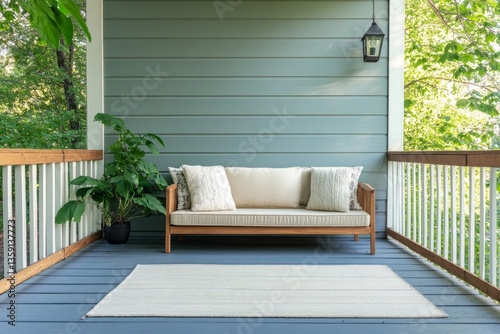 Serene Outdoor Porch with Cozy Wooden Furniture and Plants - Perfect for Relaxation