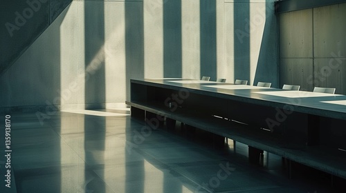 Modern minimalist office with empty desks and chairs, large windows, and ample copy space, symbolizing workspace demand and professional environment.