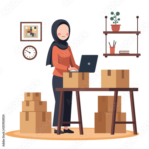 Flat vector illustration of a Muslim woman entrepreneur using a laptop, checking orders with packaging boxes. Cheerful and successful in online marketing, packaging, and delivery. SME business concept