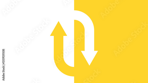 Two curved arrows in opposite directions, one yellow pointing up and one white pointing down, on a vertically split yellow and white background