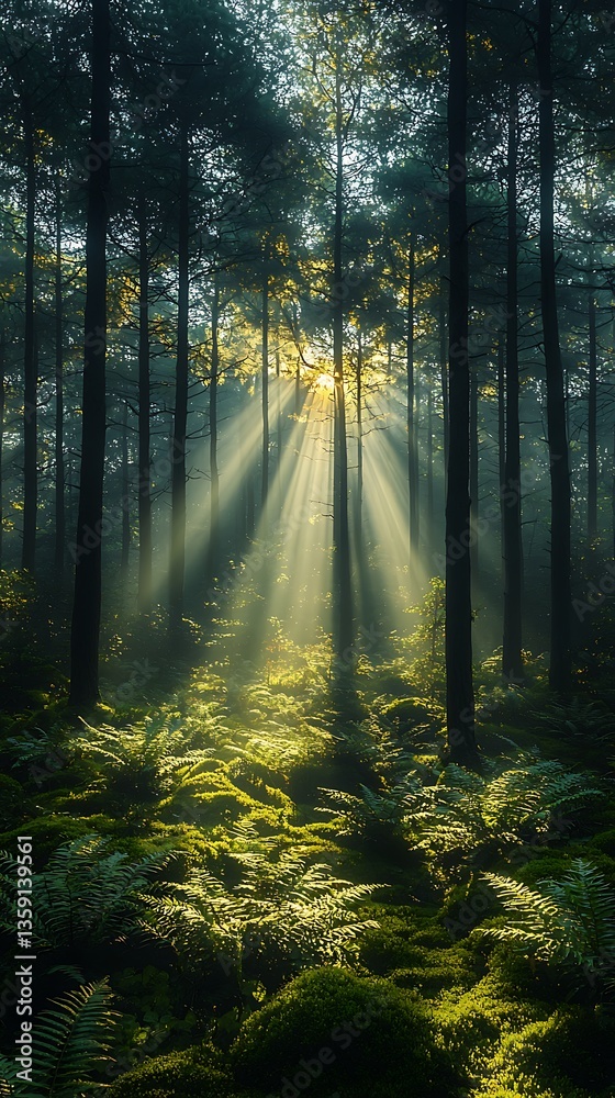 Fototapeta premium Misty forest at dawn with sunlight high resolution image