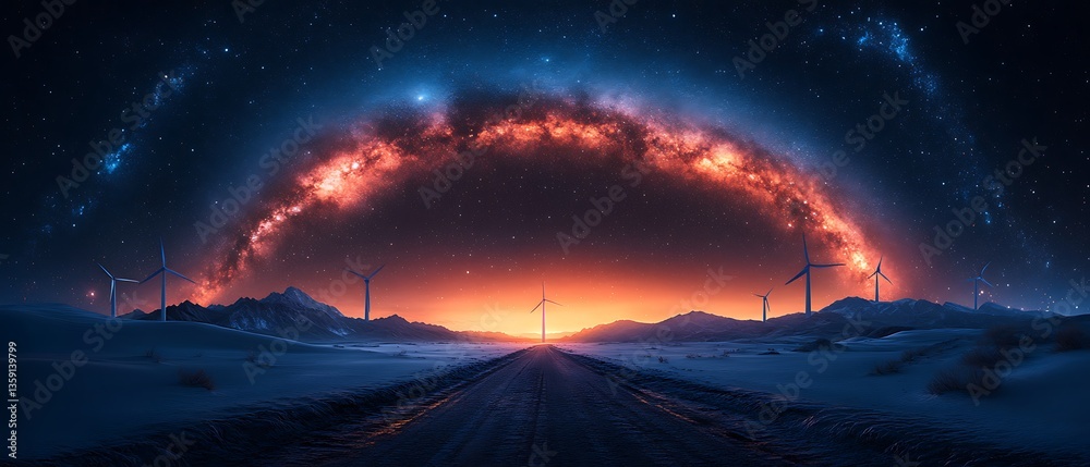 Naklejka premium A scenic view of a road beneath a starry galaxy sky