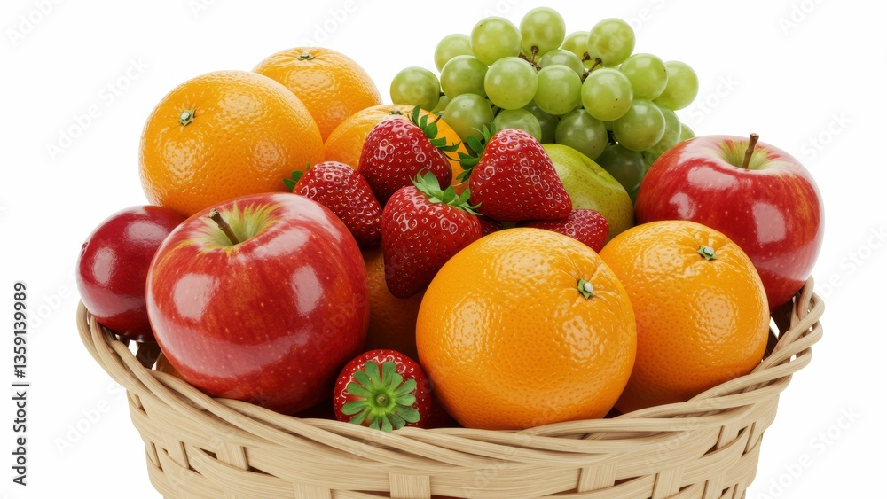 Basket filled with red apples, oranges, strawberries, green grapes, yellow pear Emphasizes healthy lifestyle and nutrition Basket filled with red apples, oranges, strawberries, green grapes, yellow pear Emphasizes healthy lifestyle and nutrition