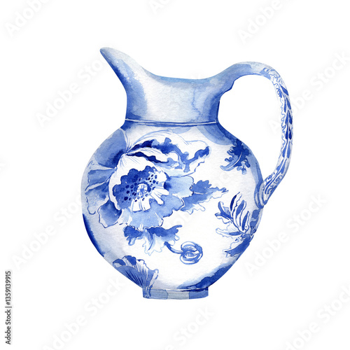 Antique chinese blue vase, asia porcelain, china ceramic, vintage pott.  Watercolor illustration clipart.