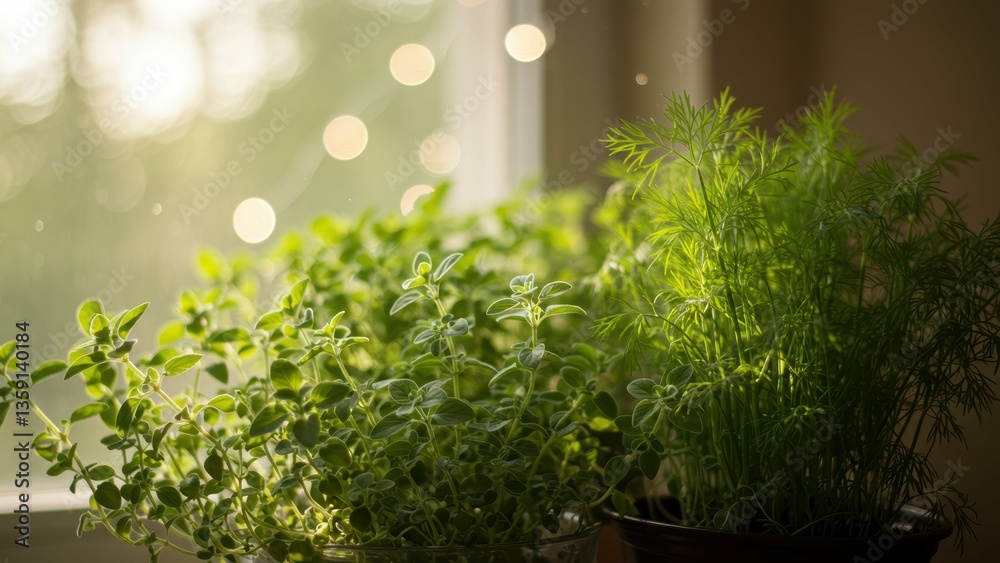 Green herbs like oregano and dill on windowsill with sunlight creating a serene atmosphere Focus on indoor gardening and sustainability Green herbs like oregano and dill on windowsill with sunlight creating a serene atmosphere Focus on indoor gardening and sustainability