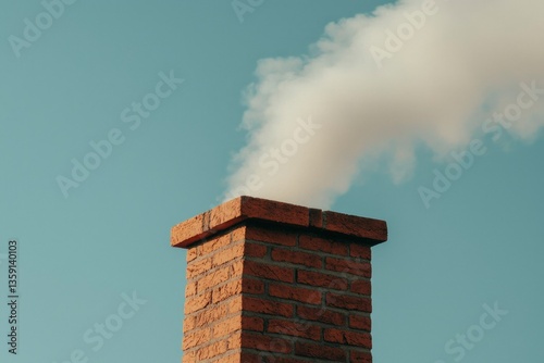 Smoke flows from brick chimney on building against cloudless blue sky, for environment
