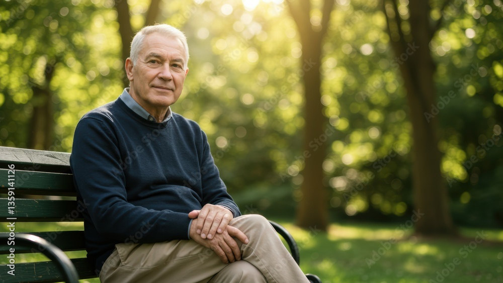 Obraz premium Senior Caucasian man sitting on bench in park enjoying natural light and greenery reflecting well being and mindfulness