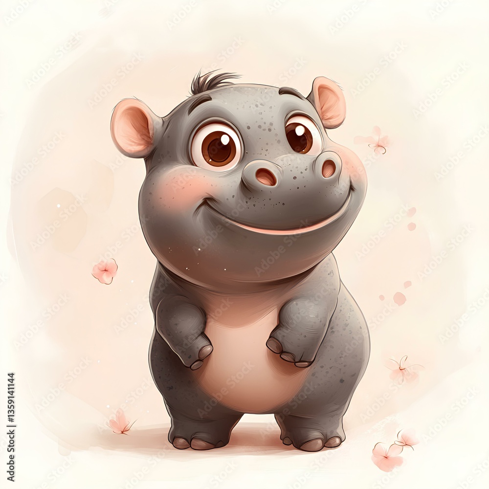 Cute baby funny hippopotamus character, cartoon, webtoon, illustration.