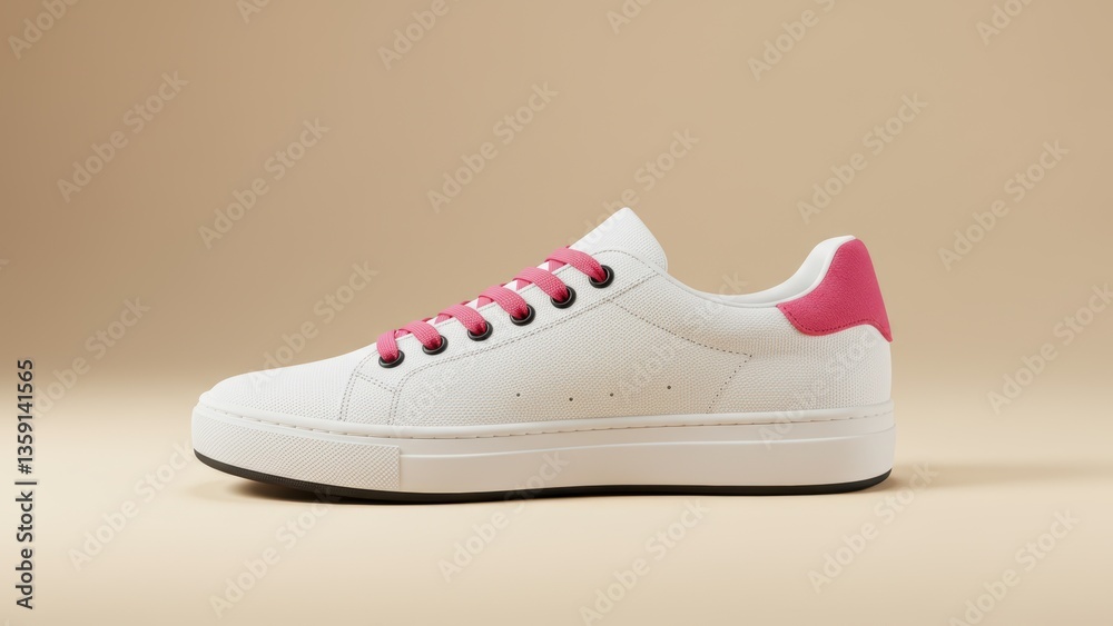 White sneaker with pink accents in a studio setting Trendy style for casual wear and athletic purposes White sneaker with pink accents in a studio setting Trendy style for casual wear and athletic purposes
