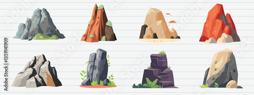 Colorful cartoon rock formations, isolated vector set