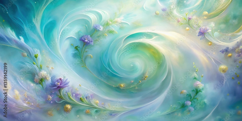 Fototapeta premium Whimsical Floral Dreamscape A swirling vortex of ethereal beauty, showcasing delicate flowers and shimmering light particles against a backdrop of vibrant aqua and lavender hues.