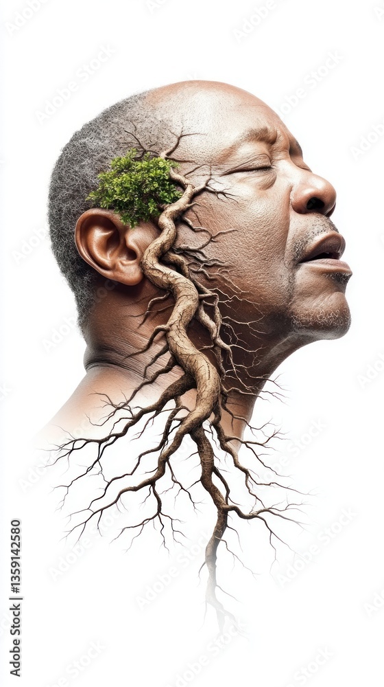 Mature Man Profile with Tree Roots Growing from Head Symbolizing Nature and Life Mature Man Profile with Tree Roots Growing from Head Symbolizing Nature and Life