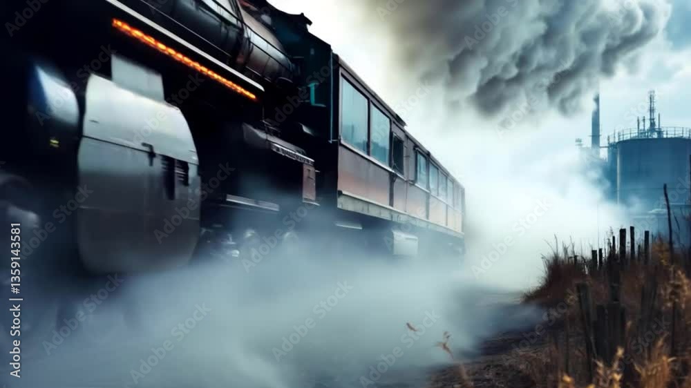 A close up of a train moving past industrial buildings, with the train's engine loudly cutting through the still air, passing by large warehouses and factories.