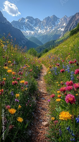 Lush hiking trail with blooming wildflowers high resolution picture