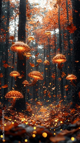 Magical forest mushrooms illumination fantasy high resolution picture