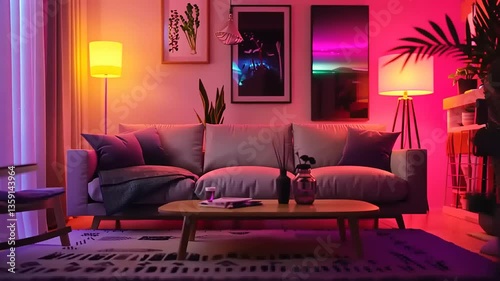 Neon Living Room Interior Design: Vibrant Purple and Pink Ambiance