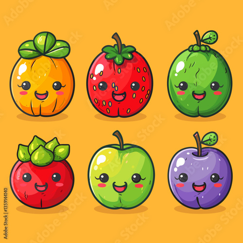 funny fruit cartoon set vector illustration in flat style