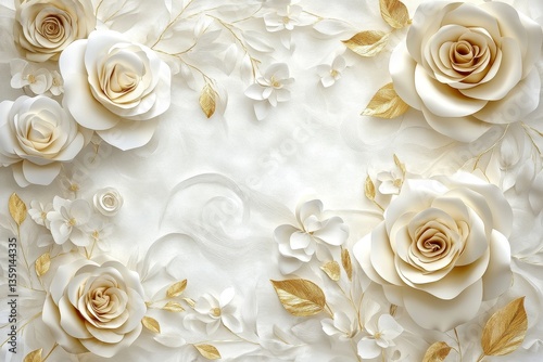 Elegant white roses and gold accents floral design.  Delicate paper flowers, sculpted and layered on a textured background, with accents of gold leaf
