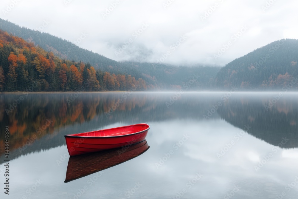 Red boat on lake in autumn Red boat on lake in autumn