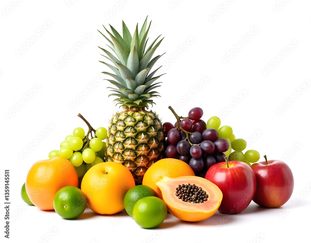 Assorted Tropical Fruits – Whole Apple, Orange, Grape, and Pineapple with Sliced Papaya on White Background Assorted Tropical Fruits – Whole Apple, Orange, Grape, and Pineapple with Sliced Papaya on White Background
