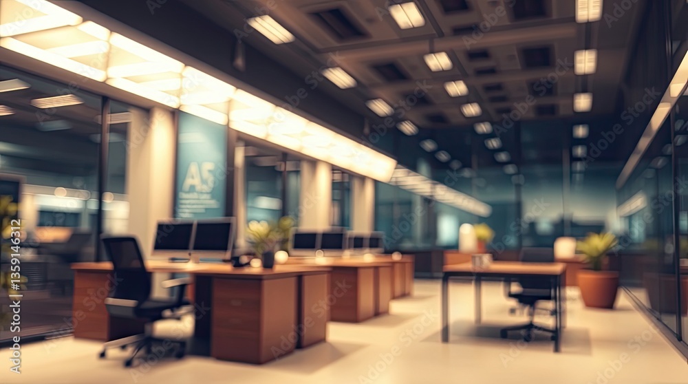 Empty modern office space with desks chairs and computers Empty modern office space with desks chairs and computers