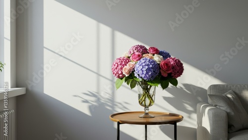Floral arrangement of hydrangeas and roses in a vase on a table in a modern living room Bright, cozy atmosphere