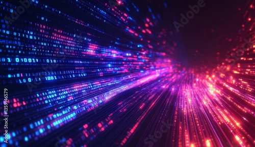 Abstract digital data stream with vibrant colors, a dynamic effect of moving binary code, creating a futuristic, high-tech visual experience