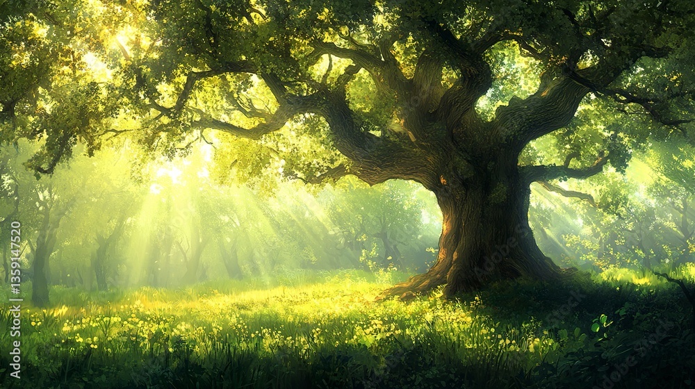 Fototapeta premium Majestic oak tree in sunlit clearing branches stretching skyward dappled light serene lush green glade peaceful ambiance. 