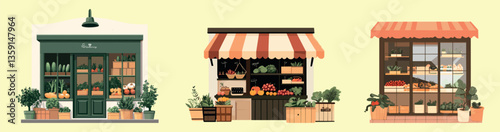 Charming storefront illustrations collection, isolated vector set