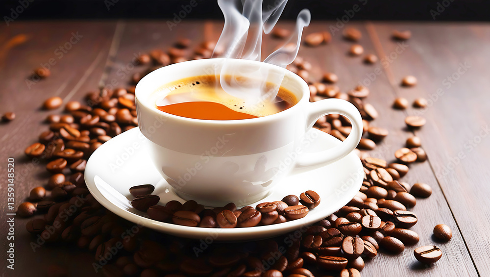 Fototapeta premium Steaming Cup of Latte With Beautiful Latte Art on Wooden Table