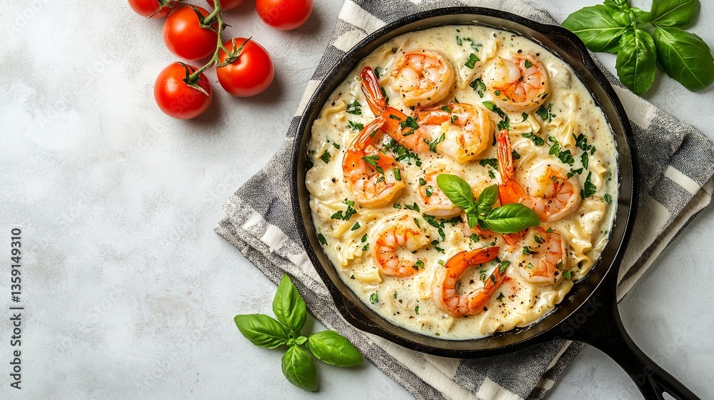Pasta with creamy white sauce, shrimp, and fresh herbs in a cast iron skillet placed on a towel Pasta with creamy white sauce, shrimp, and fresh herbs in a cast iron skillet placed on a towel