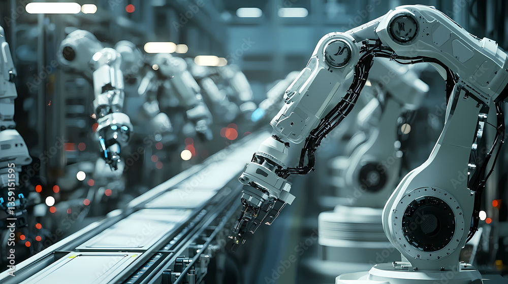 Obraz premium A futuristic scene featuring robotic arms working in a high-tech factory environment, showcasing automation and precision in manufacturing.