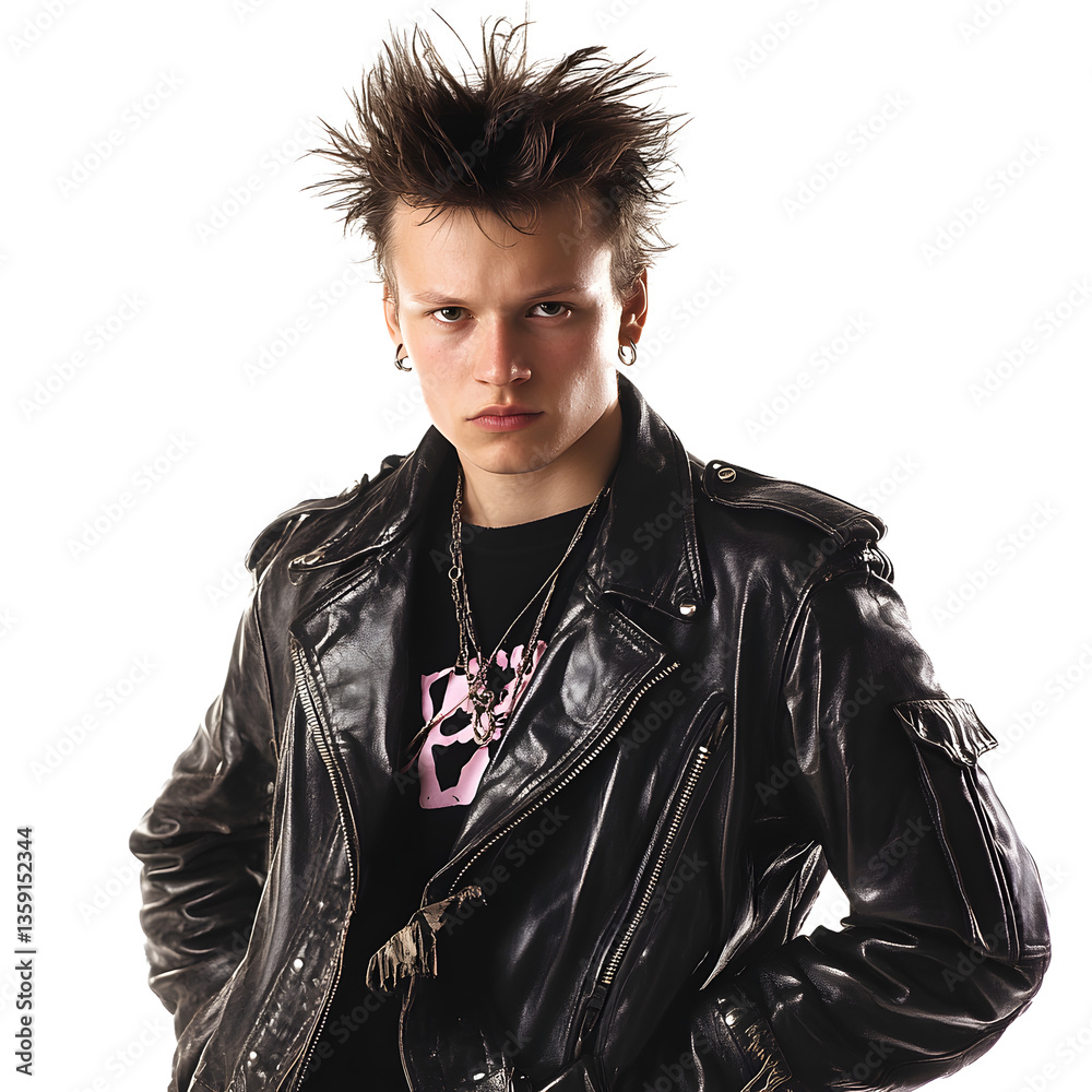 Edgy young man in leather jacket with spiked hair. His look conveys rebelliousness and style against a stark white background.