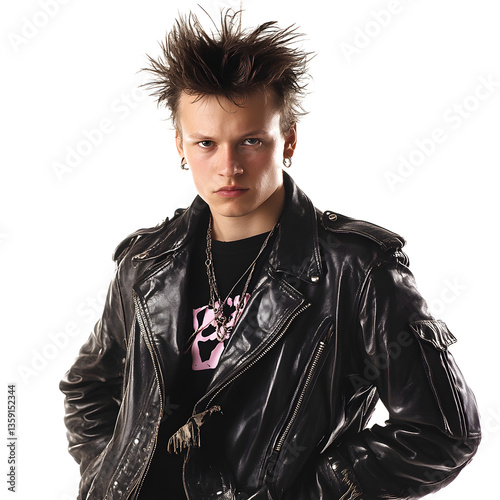 Obraz na płótnie Edgy young man in leather jacket with spiked hair. His look conveys rebelliousness and style against a stark white background. w salonie