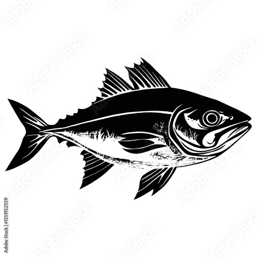 Tuna wood block print white fish illustration vector