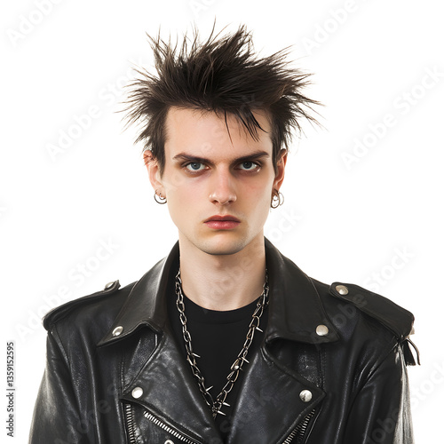 A young adult with a rebellious look and spiky hair, wearing a leather jacket and chain, embodies youthful angst and bold self-expression.