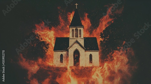 Burning church engulfed in flames. Religious persecution concept. Symbolic image for Christian martyrdom, faith under fire, and spiritual warfare. Easter, Good Friday.