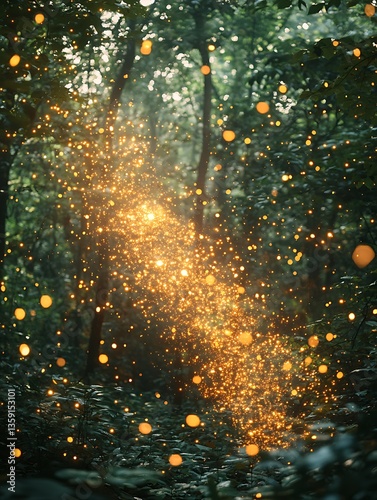 Sunlight illuminates a forest glade filled with floating particles