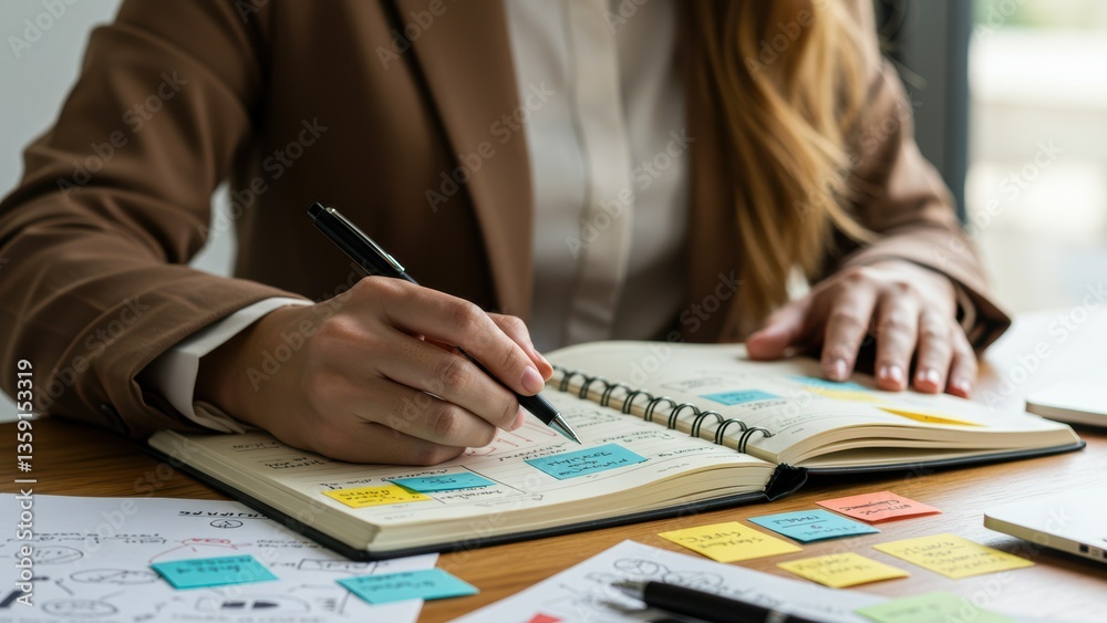Caucasian female business professional writing in notebook at office, using sticky notes for planning and organization Caucasian female business professional writing in notebook at office, using sticky notes for planning and organization