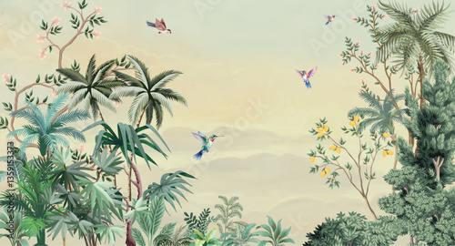 Chinoiserie Mural Wallpaper - Timeless Elegance Design, Watercolor Background, Birds.