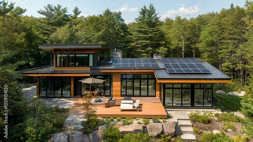 Modern house clean lines solar panels on roof blending sustainability and sleek architecture surrounded by nature. 