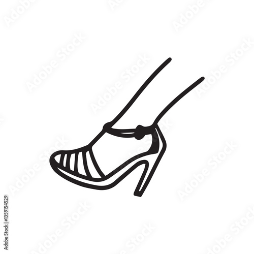 Sketch of women's shoes. Gladiator shoes with strap. Black and white Icon of toe shoes. Fashion and style.Tapered heel shoes. Women's feet sketch.
