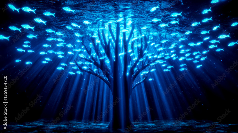 Obraz premium Glowing fish swimming around a submerged tree in the deep blue ocean