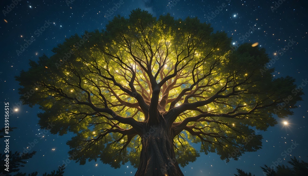 Fototapeta premium Enchanted Bidara (Jujube/Sidr) Tree Reaching the Starry Sky with Glowing Leaves and Fruits