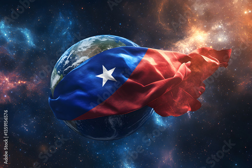 A 3D-rendered Cambodia flag wrapped around the Earth, symbolizing national pride and heritage, with a cosmic background of stars and galaxies.